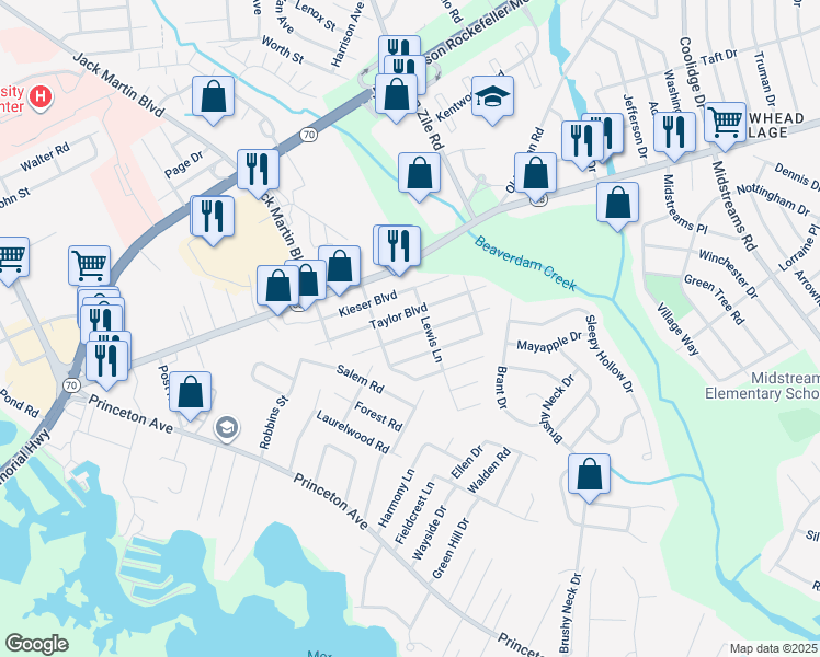 map of restaurants, bars, coffee shops, grocery stores, and more near 116 Taylor Boulevard in Brick Township
