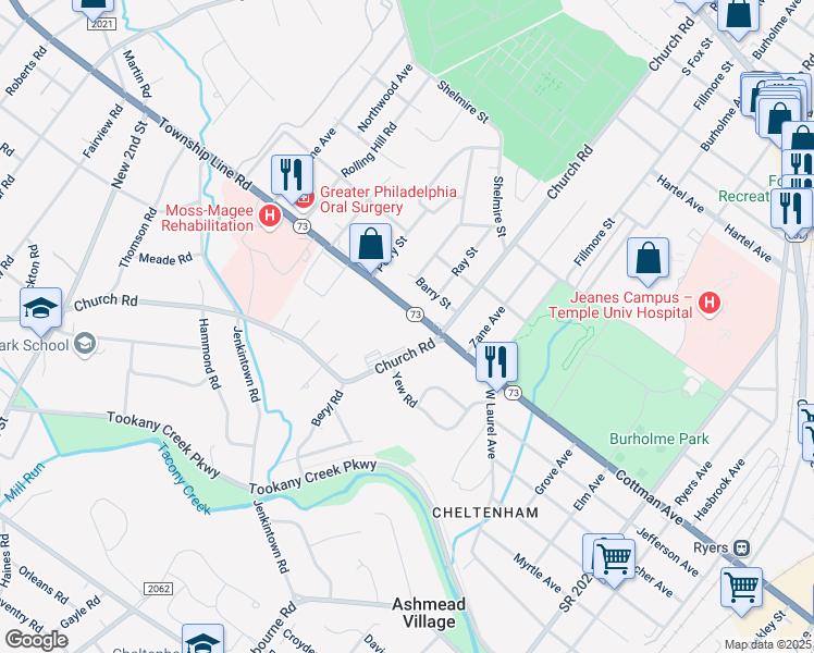 map of restaurants, bars, coffee shops, grocery stores, and more near 16 Township Line Road in Elkins Park