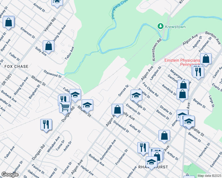 map of restaurants, bars, coffee shops, grocery stores, and more near 8205 Rose Petal Drive in Philadelphia