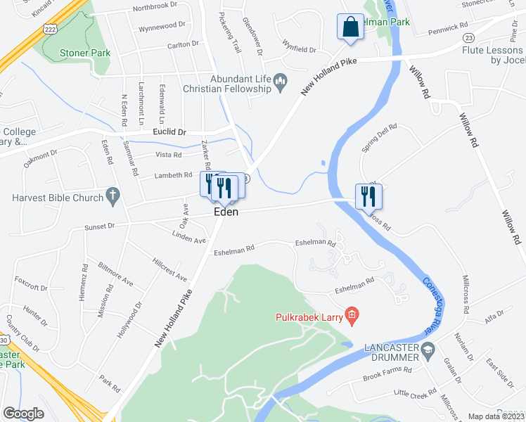 map of restaurants, bars, coffee shops, grocery stores, and more near 1758 Eden Road in Lancaster