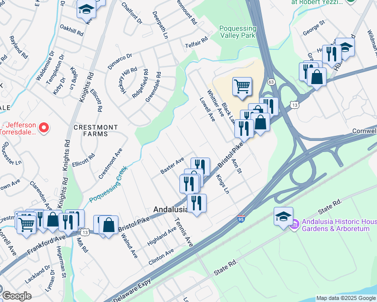 map of restaurants, bars, coffee shops, grocery stores, and more near 1102 Poquessing Avenue in Bensalem