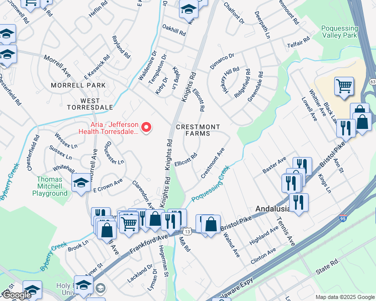 map of restaurants, bars, coffee shops, grocery stores, and more near 10811 Meadow Lane in Philadelphia