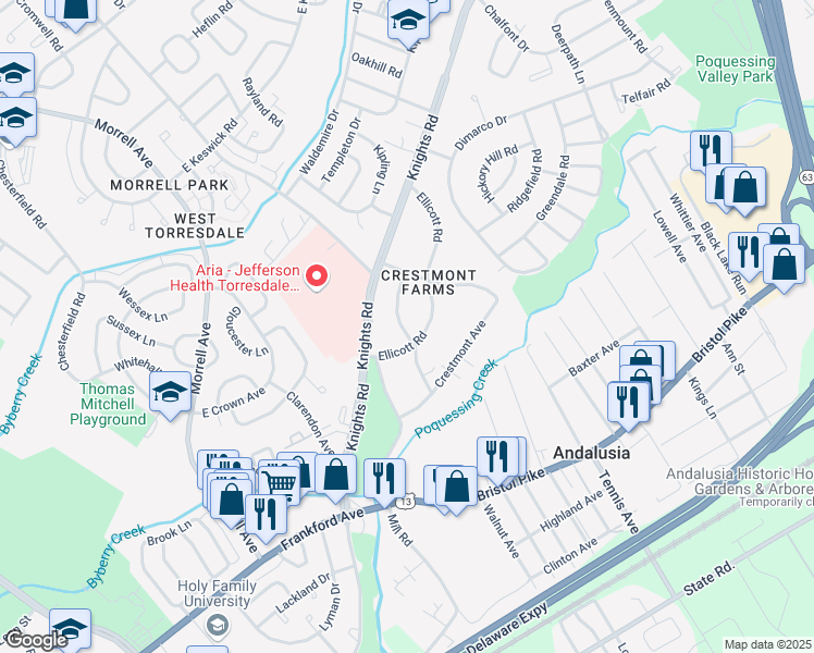 map of restaurants, bars, coffee shops, grocery stores, and more near 10811 Meadow Lane in Philadelphia