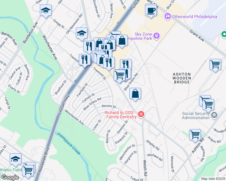 map of restaurants, bars, coffee shops, grocery stores, and more near 2621 Tremont Street in Philadelphia