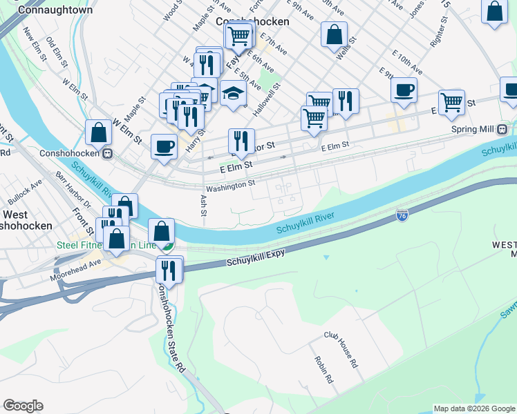map of restaurants, bars, coffee shops, grocery stores, and more near 301 Washington Street in Conshohocken