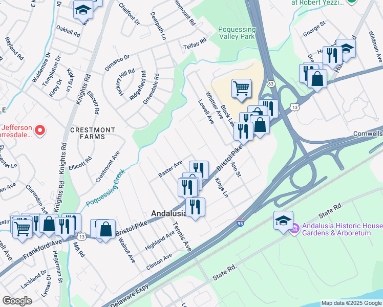 map of restaurants, bars, coffee shops, grocery stores, and more near 1102 Poquessing Avenue in Bensalem
