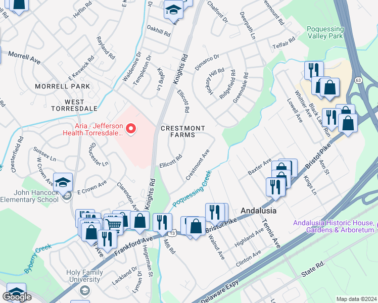 map of restaurants, bars, coffee shops, grocery stores, and more near 10835 Ellicott Road in Philadelphia