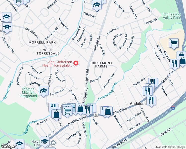 map of restaurants, bars, coffee shops, grocery stores, and more near 10820 Meadow Lane in Philadelphia