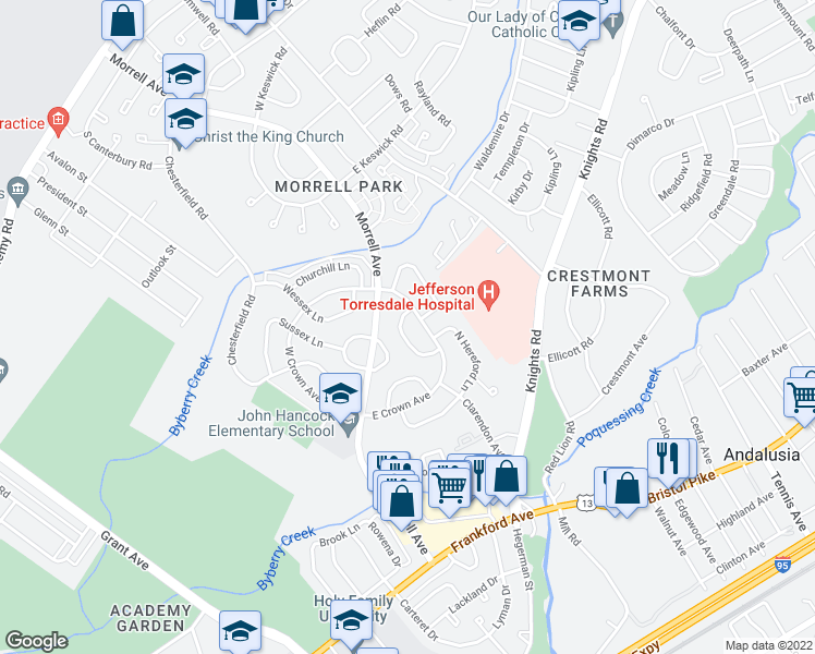 map of restaurants, bars, coffee shops, grocery stores, and more near 3505 Gloucester Lane in Philadelphia