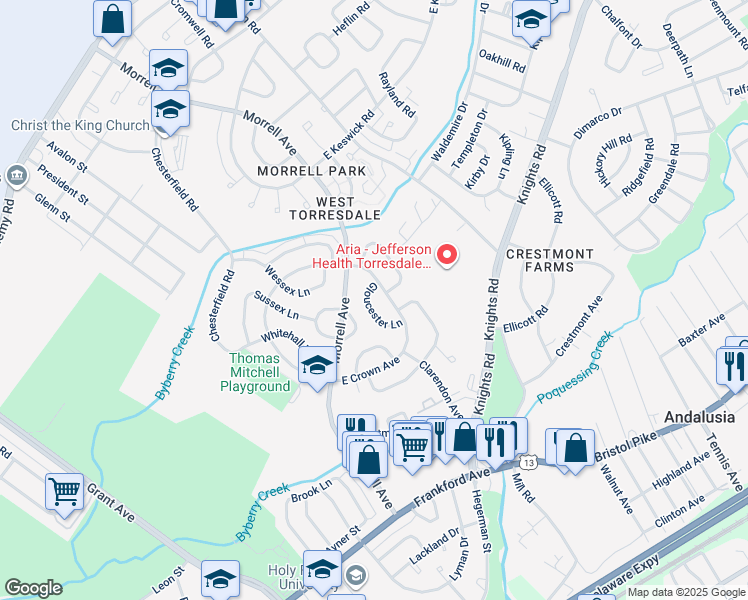 map of restaurants, bars, coffee shops, grocery stores, and more near 3505 Gloucester Lane in Philadelphia