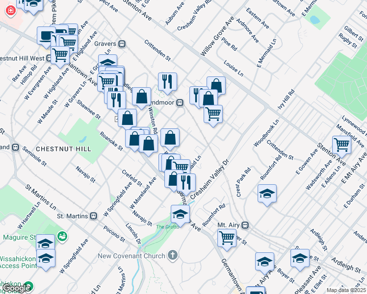 map of restaurants, bars, coffee shops, grocery stores, and more near 110 East Moreland Avenue in Philadelphia