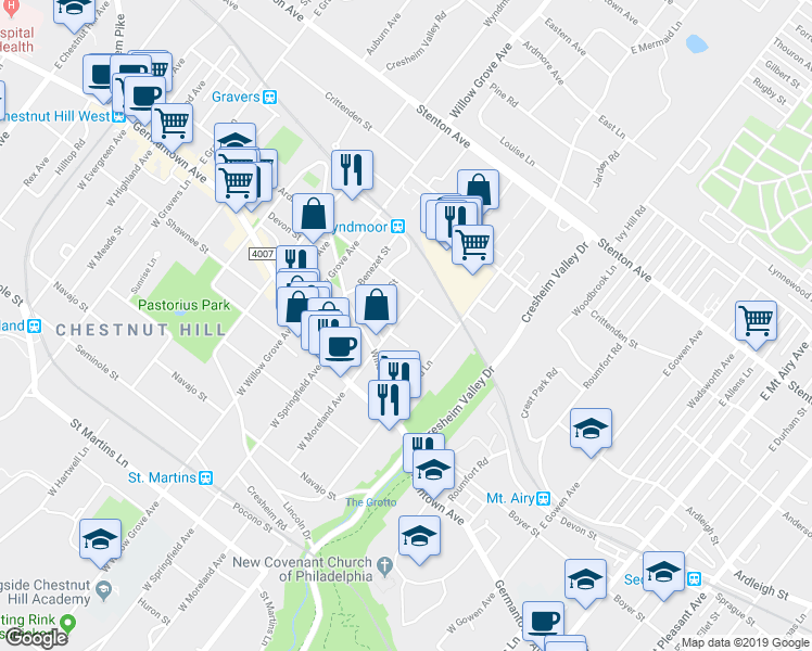 map of restaurants, bars, coffee shops, grocery stores, and more near 110 East Moreland Avenue in Philadelphia