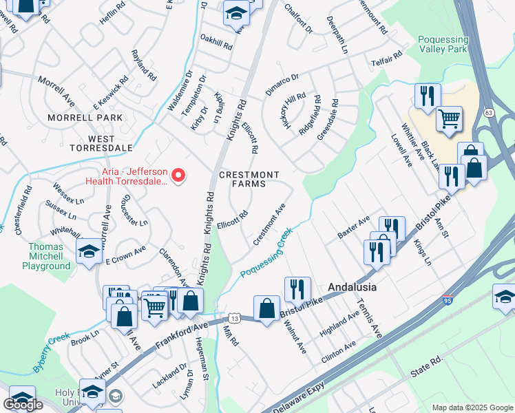map of restaurants, bars, coffee shops, grocery stores, and more near 10835 Ellicott Road in Philadelphia