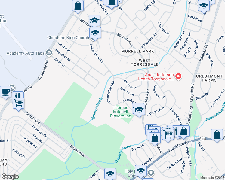 map of restaurants, bars, coffee shops, grocery stores, and more near 3627 Chesterfield Road in Philadelphia