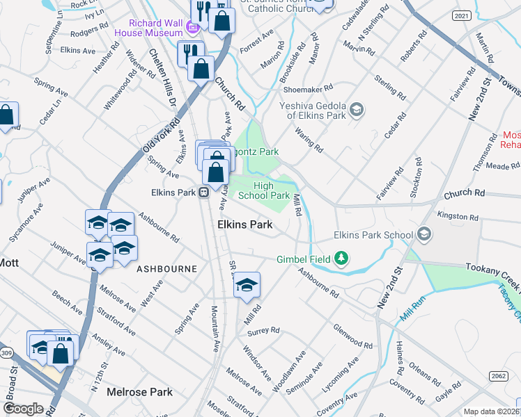 map of restaurants, bars, coffee shops, grocery stores, and more near 7851 Montgomery Avenue in Elkins Park