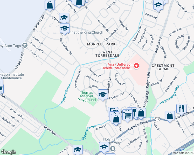 map of restaurants, bars, coffee shops, grocery stores, and more near 3565 Wessex Lane in Philadelphia
