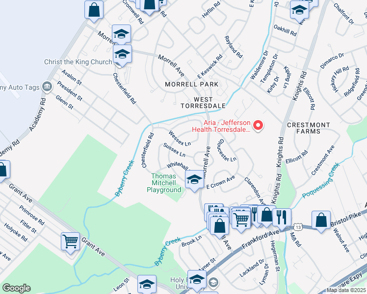 map of restaurants, bars, coffee shops, grocery stores, and more near 3565 Wessex Lane in Philadelphia