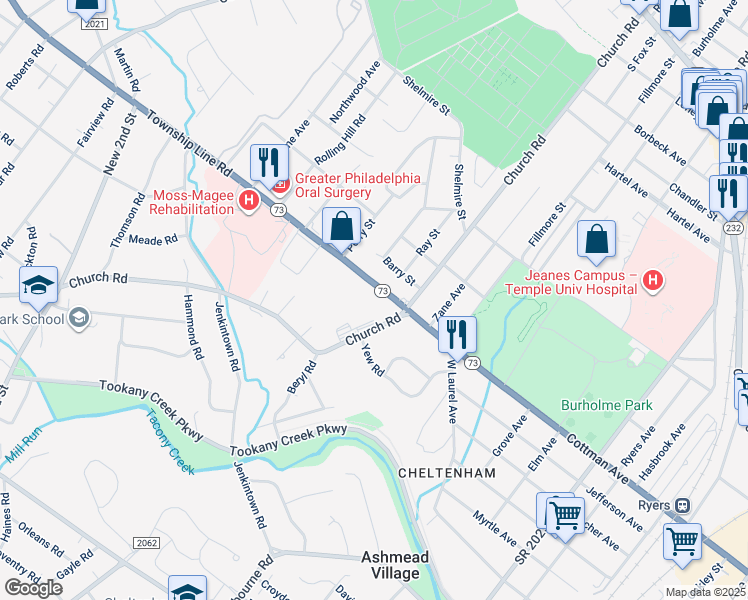 map of restaurants, bars, coffee shops, grocery stores, and more near 16 Township Line Road in Elkins Park