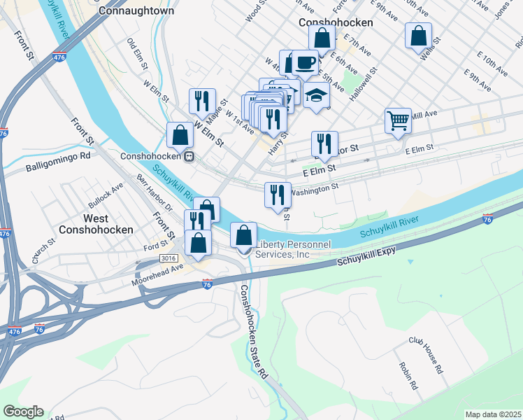 map of restaurants, bars, coffee shops, grocery stores, and more near 181 Washington Street in Conshohocken