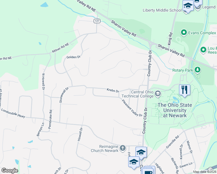 map of restaurants, bars, coffee shops, grocery stores, and more near 1512 Krebs Drive in Newark