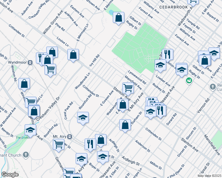map of restaurants, bars, coffee shops, grocery stores, and more near 419 East Gowen Avenue in Philadelphia