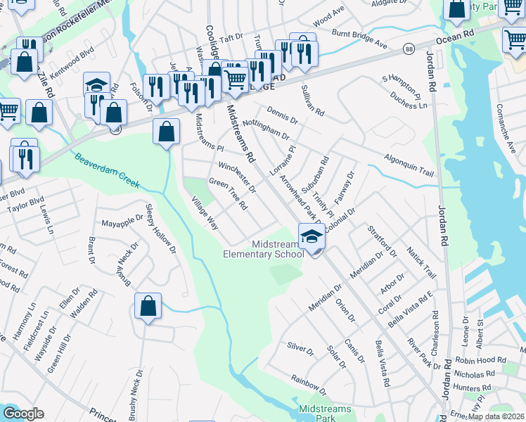 map of restaurants, bars, coffee shops, grocery stores, and more near 313 Winchester Drive in Brick Township