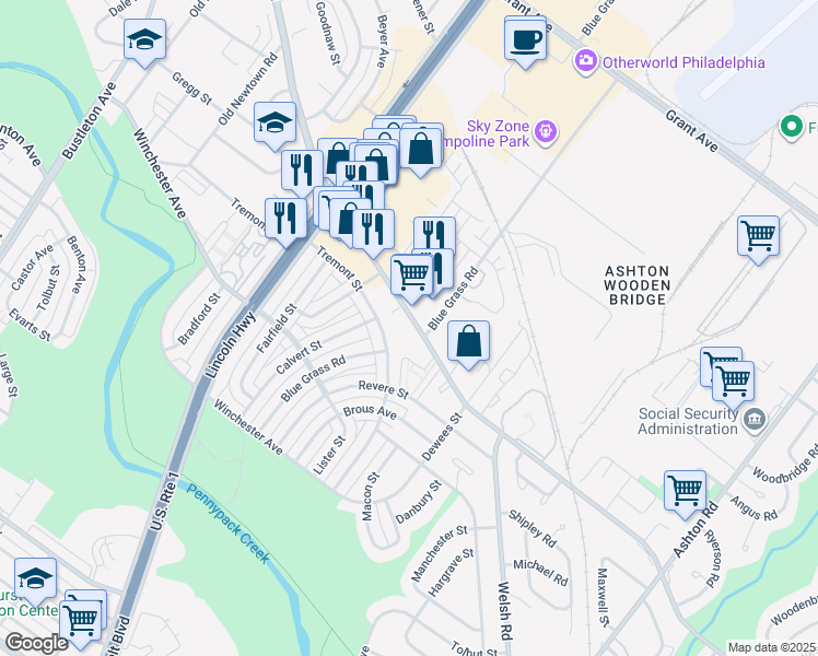 map of restaurants, bars, coffee shops, grocery stores, and more near 2423 Welsh Road in Philadelphia