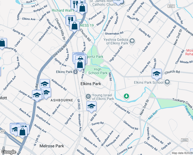 map of restaurants, bars, coffee shops, grocery stores, and more near 7851 Montgomery Avenue in Elkins Park