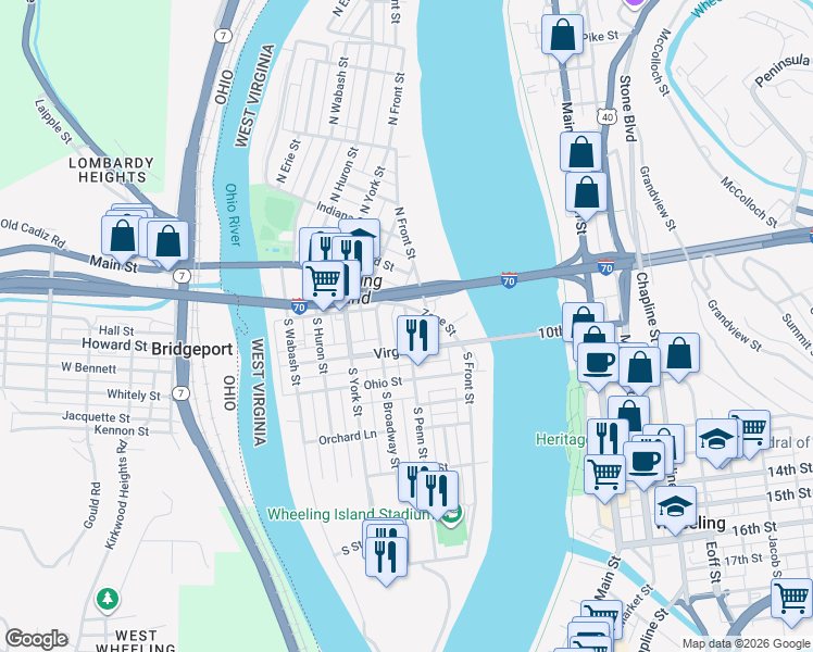 map of restaurants, bars, coffee shops, grocery stores, and more near 40 Zane Street in Wheeling