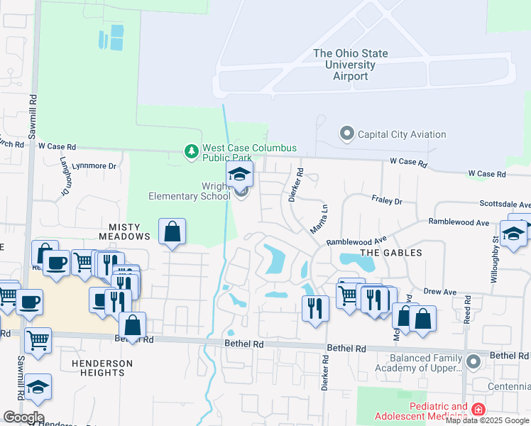 map of restaurants, bars, coffee shops, grocery stores, and more near 5635 Barney Lane in Columbus