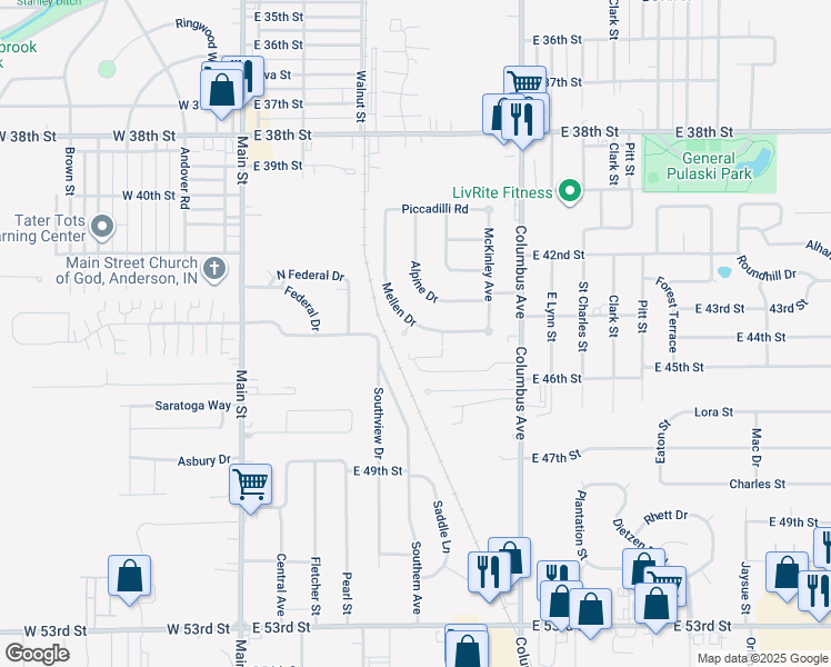 map of restaurants, bars, coffee shops, grocery stores, and more near 4242 Mellen Drive in Anderson