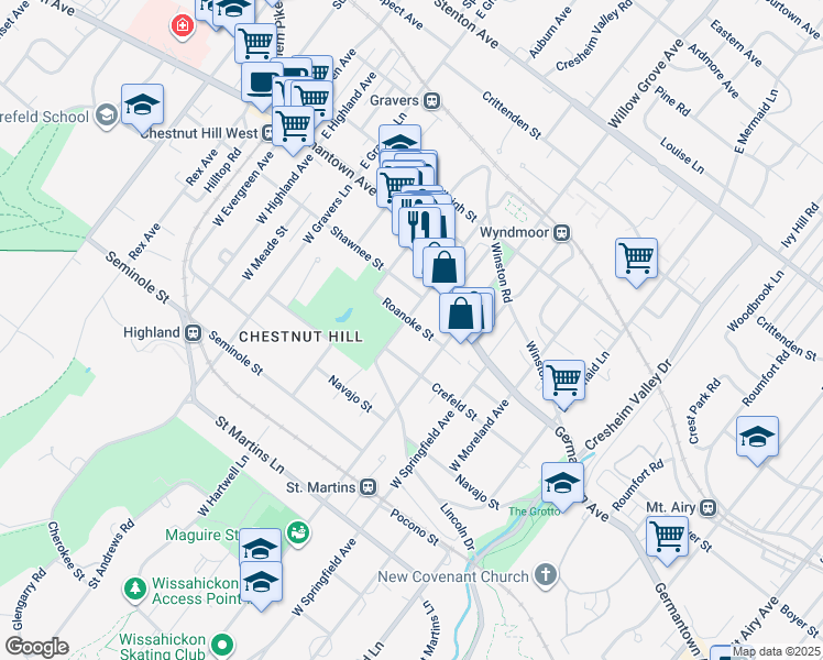 map of restaurants, bars, coffee shops, grocery stores, and more near 8030 Roanoke Street in Philadelphia
