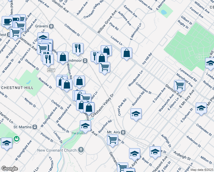 map of restaurants, bars, coffee shops, grocery stores, and more near 7641 Ardleigh St in Philadelphia