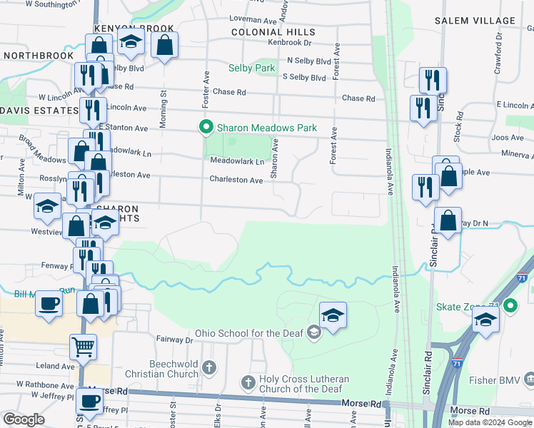 map of restaurants, bars, coffee shops, grocery stores, and more near 387 East Kanawha Avenue in Columbus