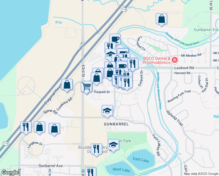 map of restaurants, bars, coffee shops, grocery stores, and more near 5305 Spine Rd in Boulder