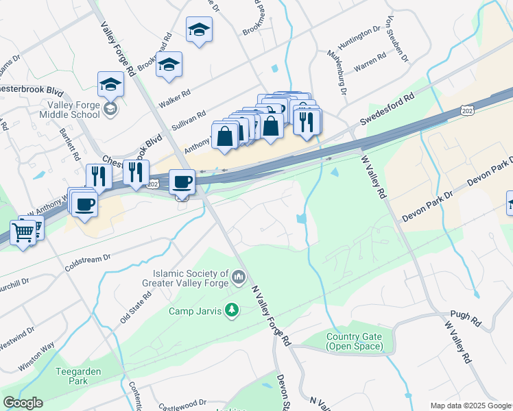 map of restaurants, bars, coffee shops, grocery stores, and more near 96 Old Forge Crossing in Devon