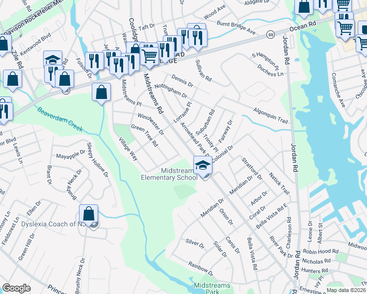 map of restaurants, bars, coffee shops, grocery stores, and more near 214 Arrowhead Park Drive in Brick Township