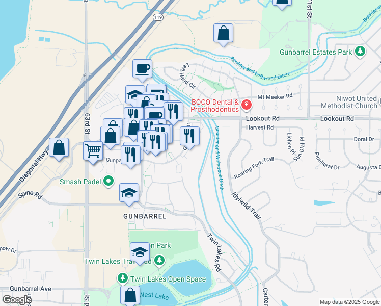 map of restaurants, bars, coffee shops, grocery stores, and more near 6672 Gunpark Drive in Boulder