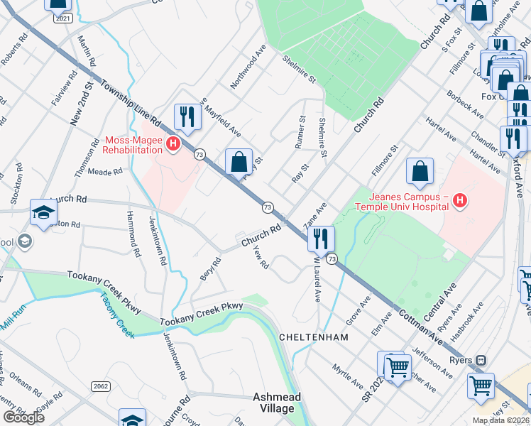 map of restaurants, bars, coffee shops, grocery stores, and more near in Elkins Park