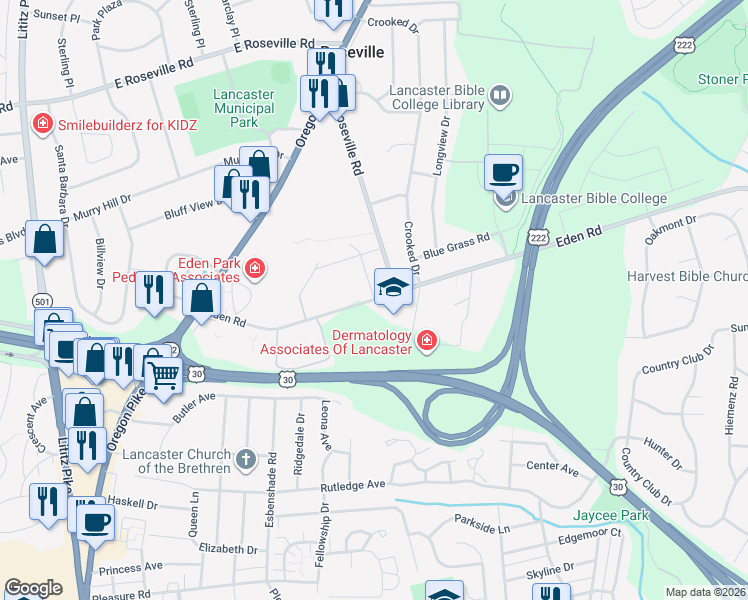map of restaurants, bars, coffee shops, grocery stores, and more near 752 Eden Road in Lancaster