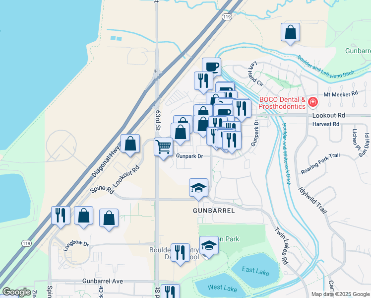 map of restaurants, bars, coffee shops, grocery stores, and more near 6400 Lookout Road in Boulder