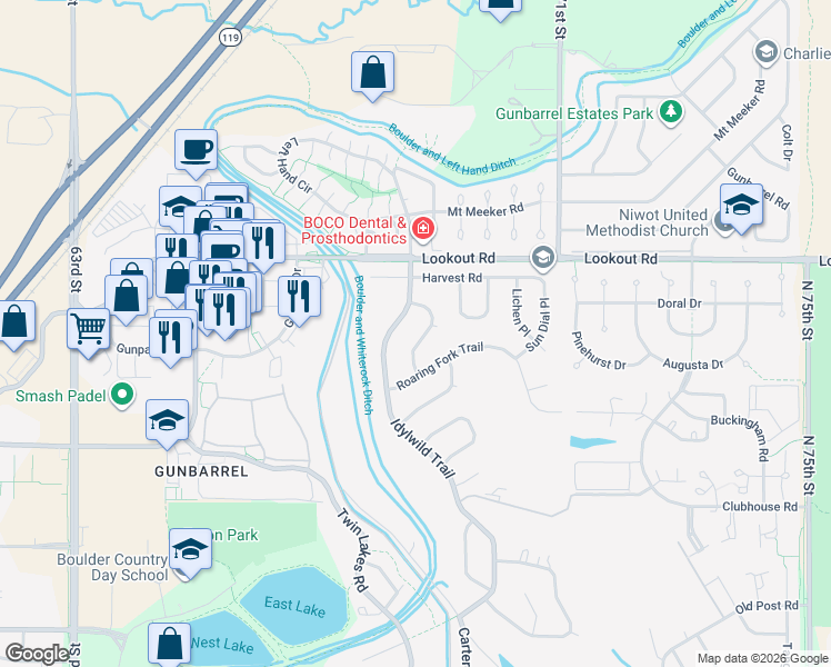 map of restaurants, bars, coffee shops, grocery stores, and more near 5263 Spotted Horse Trail in Boulder