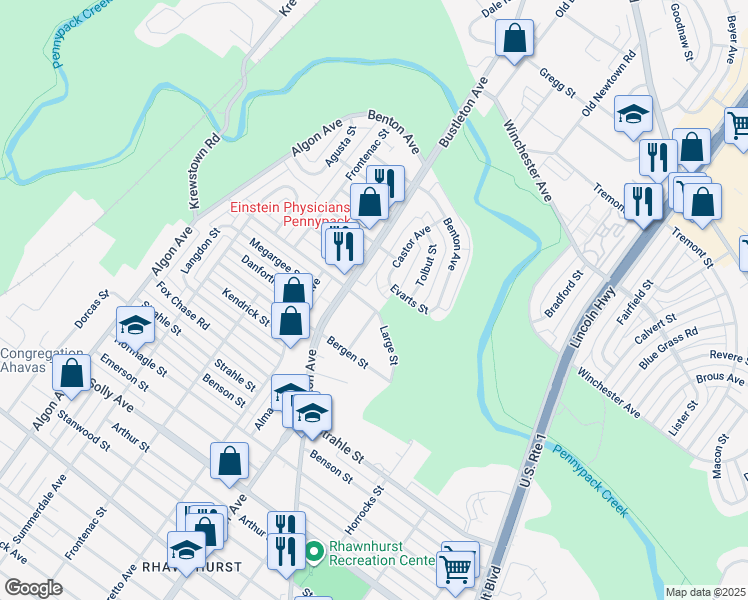 map of restaurants, bars, coffee shops, grocery stores, and more near 1921 Tustin Street in Philadelphia