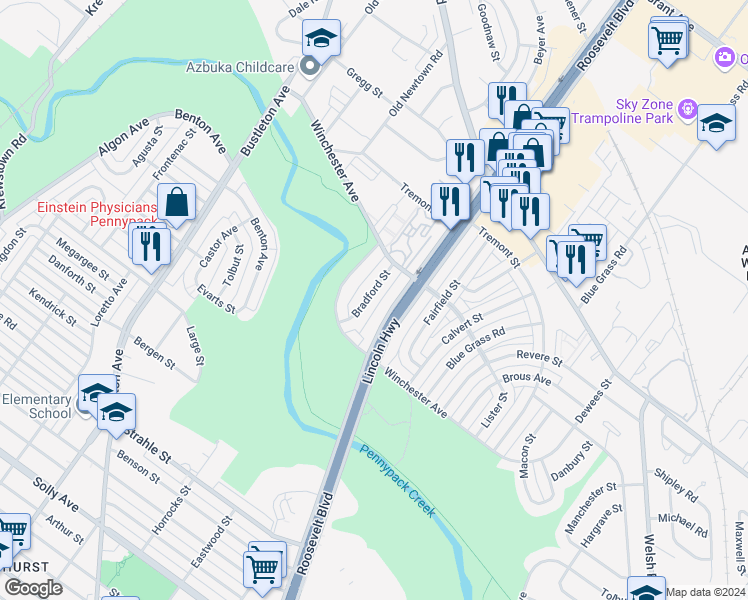 map of restaurants, bars, coffee shops, grocery stores, and more near 8827 Bradford Street in Philadelphia
