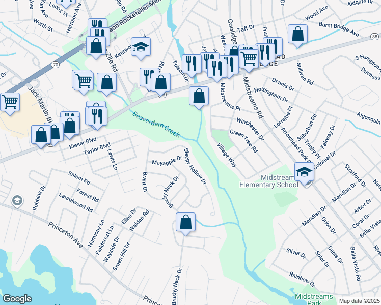 map of restaurants, bars, coffee shops, grocery stores, and more near 44 Sleepy Hollow Drive in Brick Township