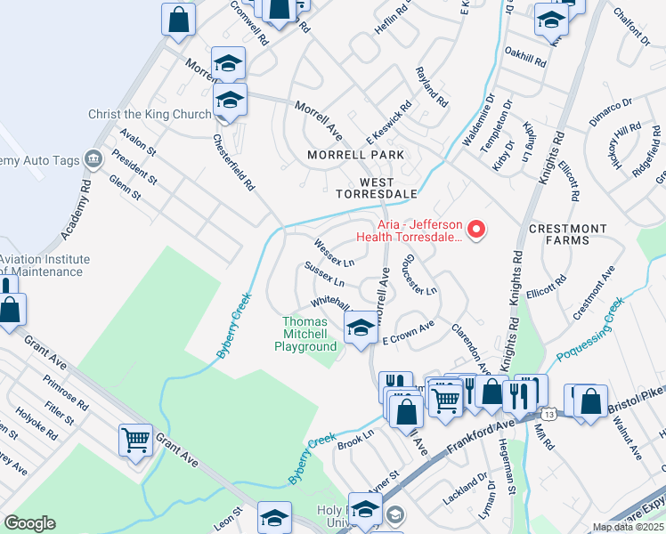 map of restaurants, bars, coffee shops, grocery stores, and more near 3575 Wessex Lane in Philadelphia