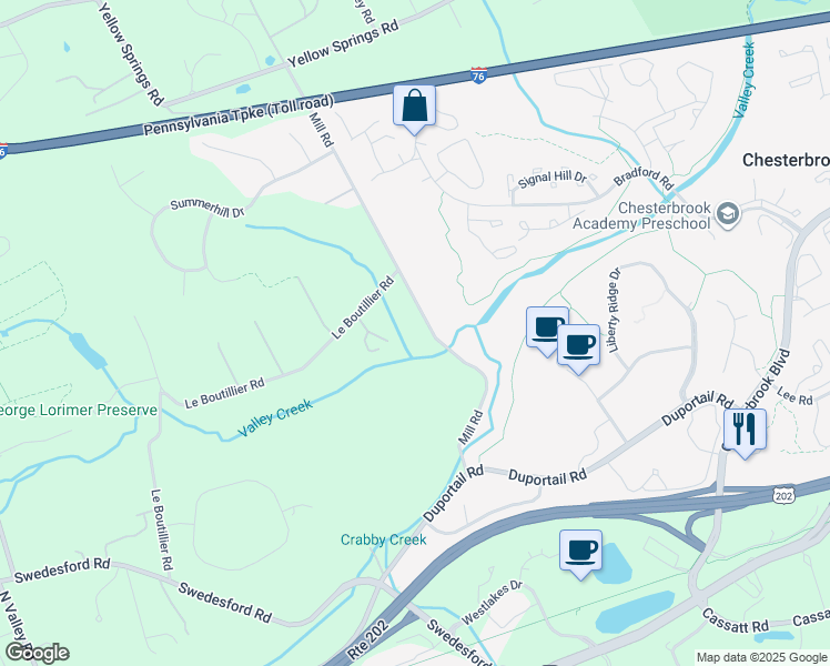 map of restaurants, bars, coffee shops, grocery stores, and more near 1550 Mill Road in Malvern