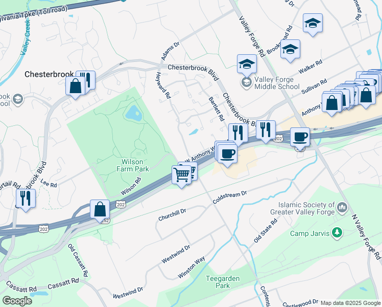 map of restaurants, bars, coffee shops, grocery stores, and more near 75 Le Forge Court in Chesterbrook