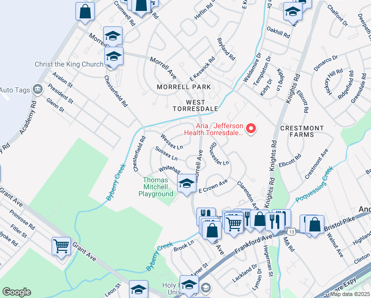 map of restaurants, bars, coffee shops, grocery stores, and more near 3541 Wessex Lane in Philadelphia