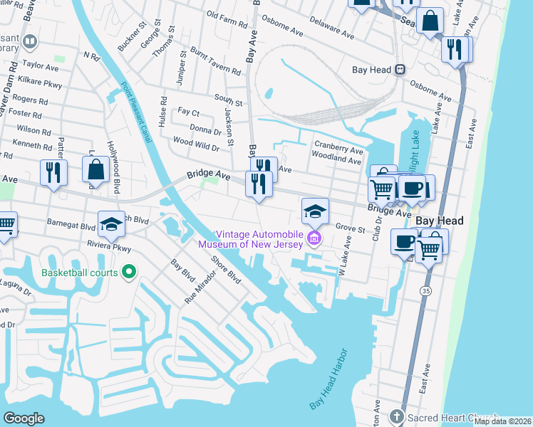 map of restaurants, bars, coffee shops, grocery stores, and more near 213 Howe Street in Point Pleasant